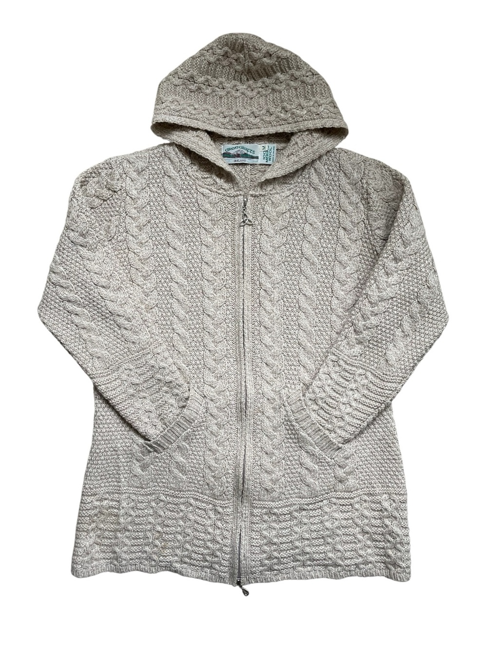 Aran Crafts Irish Merino Wool Hooded Cardigan Zipper Pull Cable Knit Celtic - Picture 4 of 12